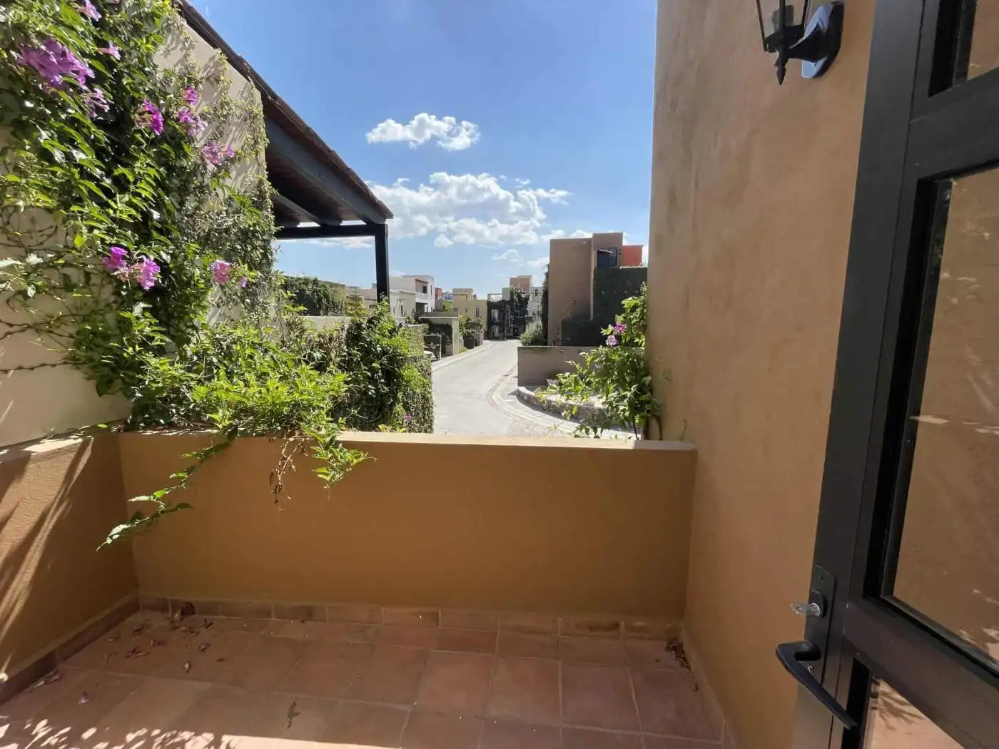 Balcony with lush greenery and colorful flowers overlooking a sunny street scene.
