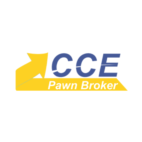 CCE Pawn Broker logo with yellow and blue design elements.