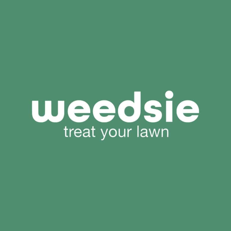Weedsie lawn care logo on green background, treat your lawn effectively.