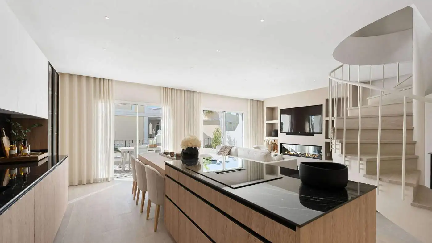 Luxury panoramic duplex penthouse living room with modern decor and spacious design.
