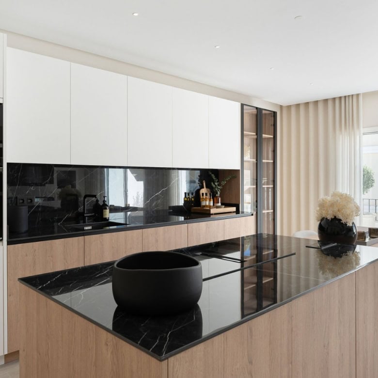 Modern panoramic duplex penthouse kitchen with sleek design and spacious layout.