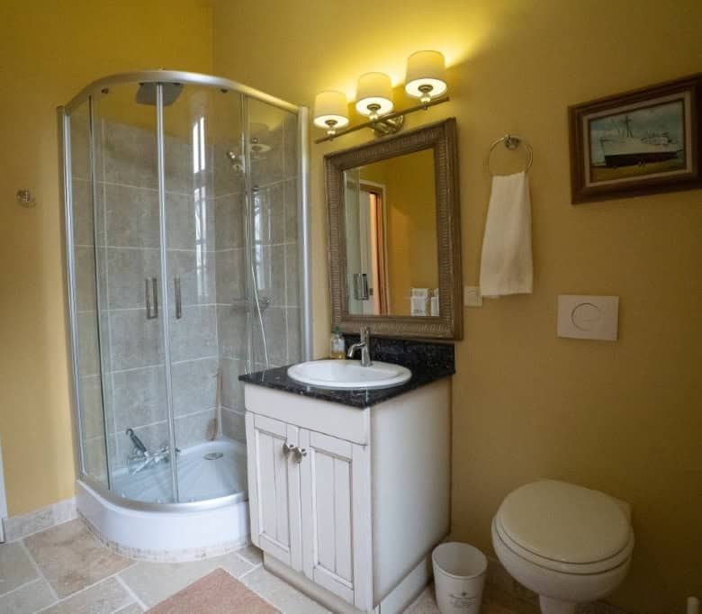 Bright bathroom featuring a glass shower enclosure, white vanity, and toilet in a charming French ho.