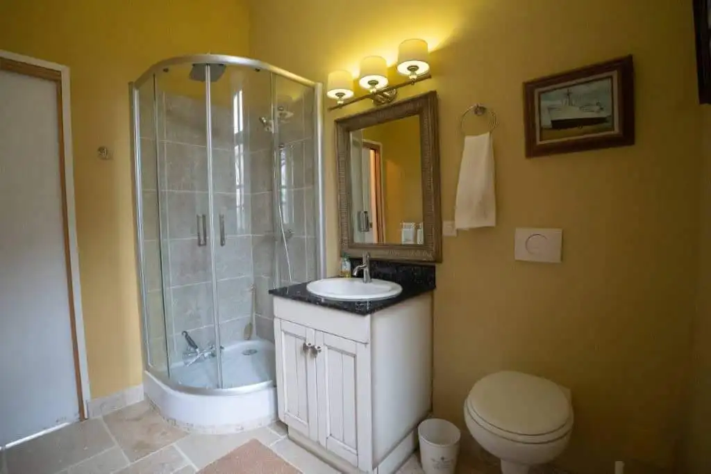 Bright bathroom featuring a glass shower enclosure, white vanity, and toilet in a charming French ho.