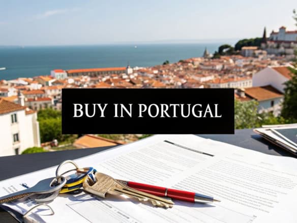 Scenic view of Portuguese town with property documents in foreground.