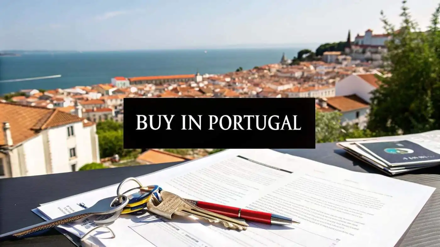 Scenic view of Portuguese town with property documents in foreground.