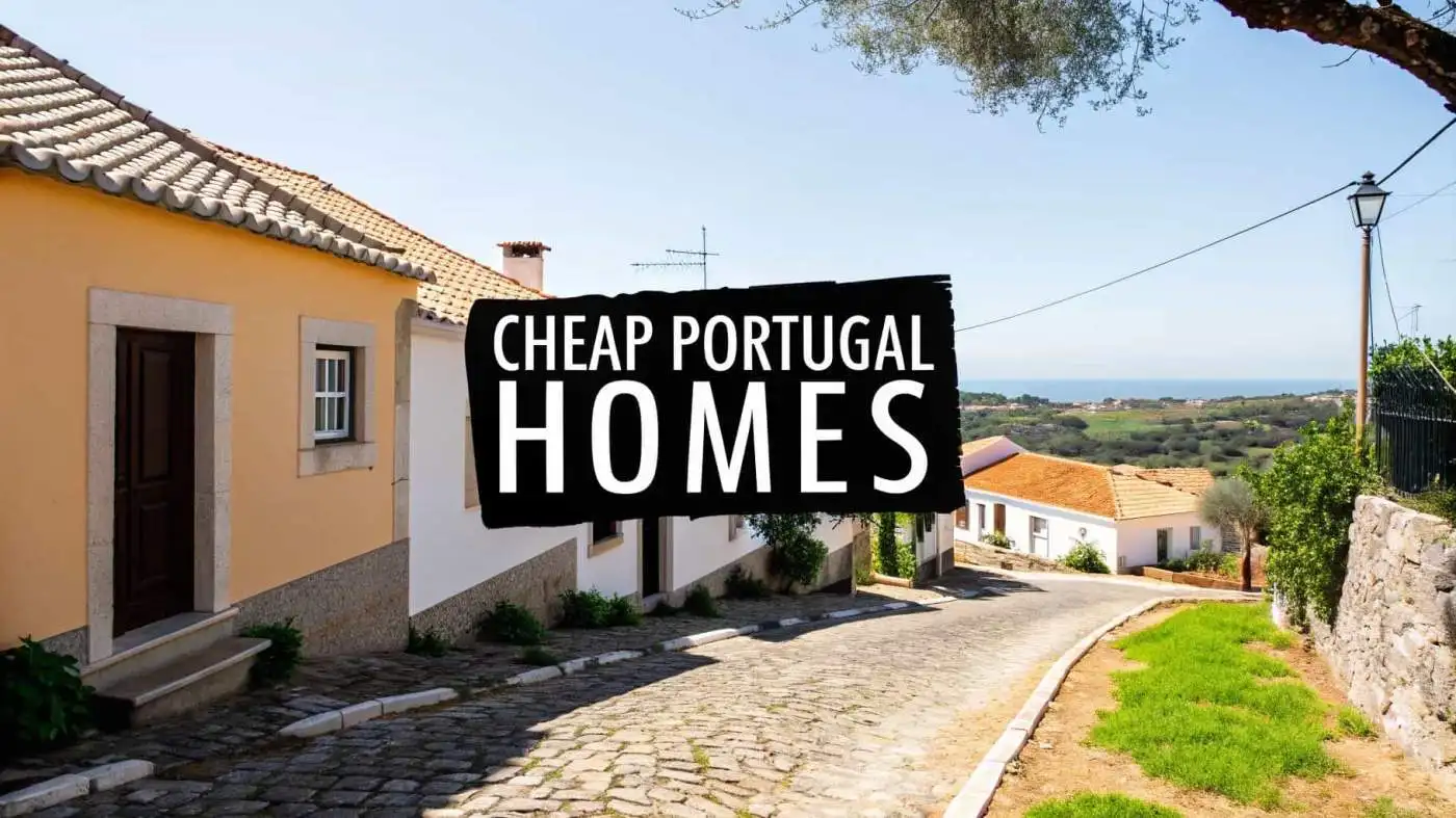 Traditional Portuguese village street with colorful houses and scenic landscape.