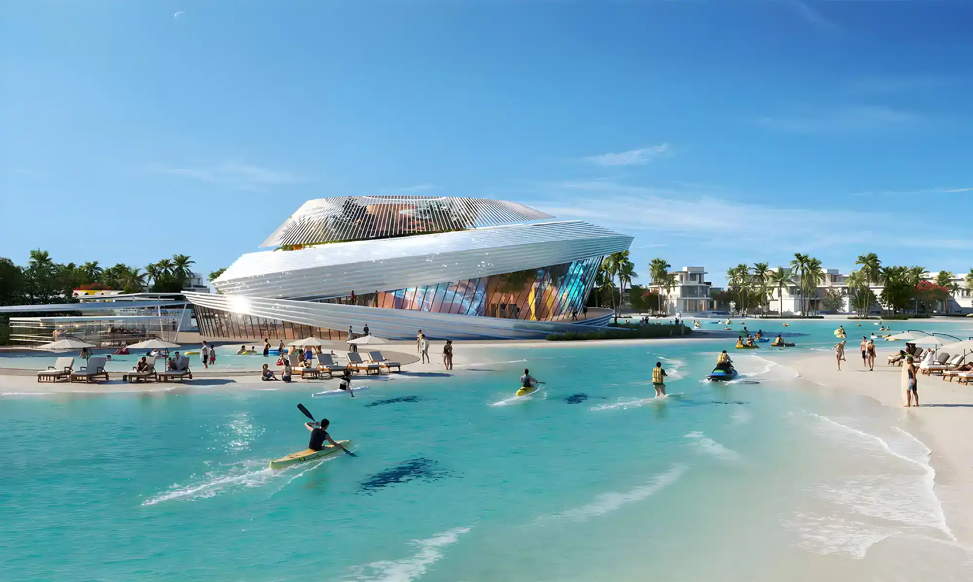 Waterfront property with modern architecture and beach access.