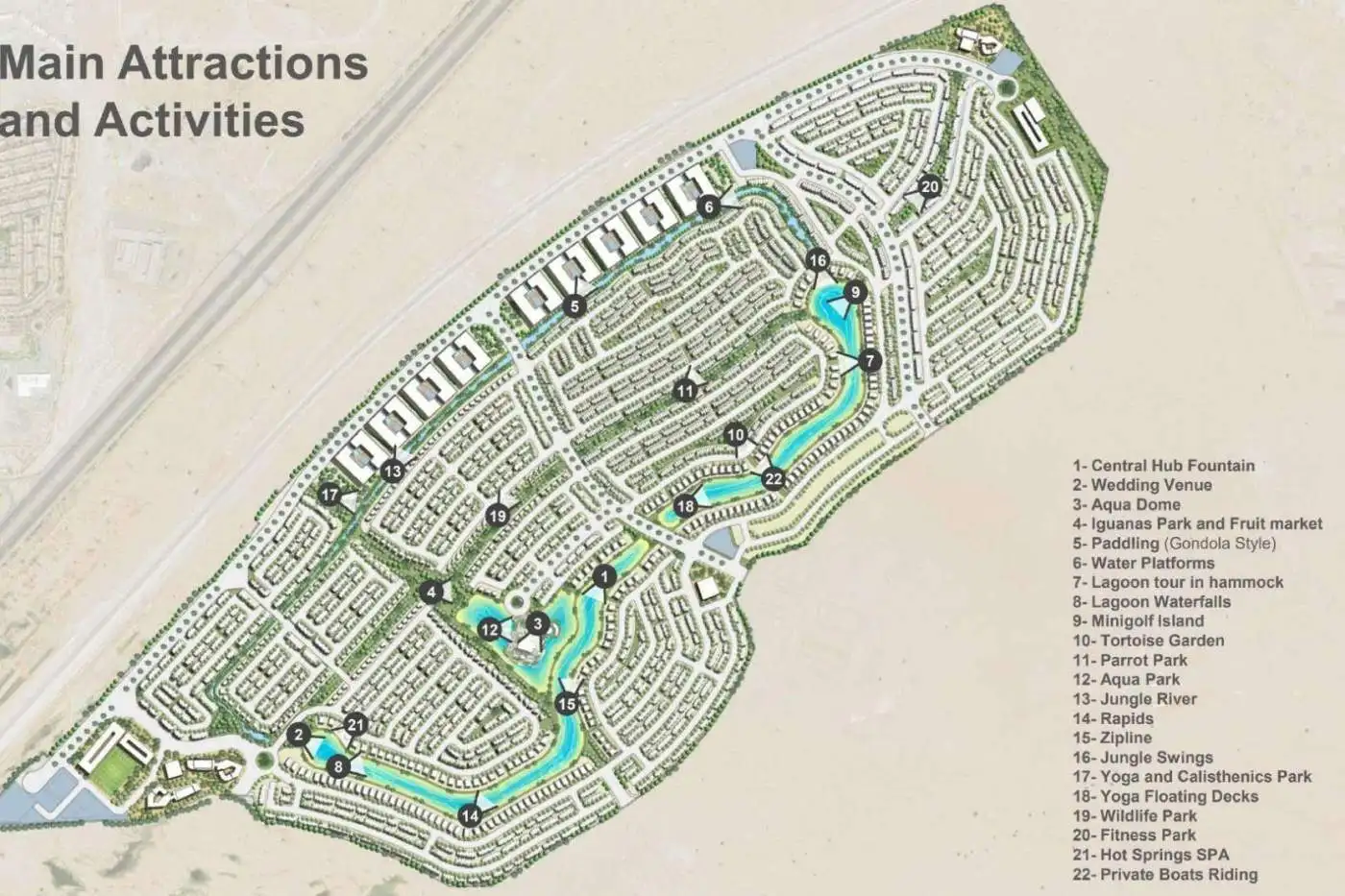 Map of a luxury water park with lagoons, pools, and attractions.