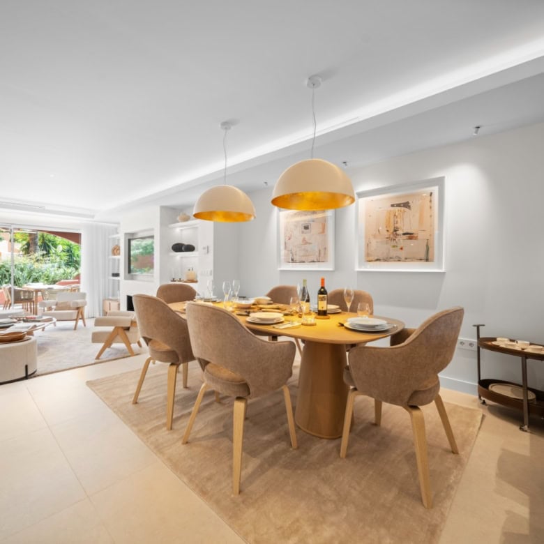 Modern interior of a luxury turnkey townhouse in El Palmeral, Nueva Andalucía, showcasing elegant de.