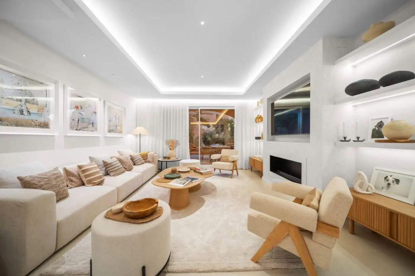 Modern living room in luxury townhouse, El Palmeral, Nueva Andalucía, with stylish furniture and ele.