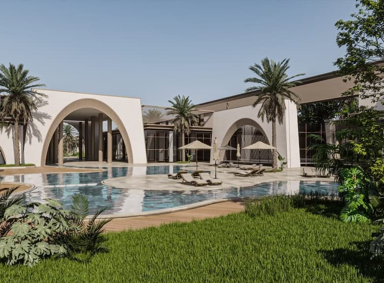 Luxury villa with pool, palm trees, and modern architecture in a tropical location.