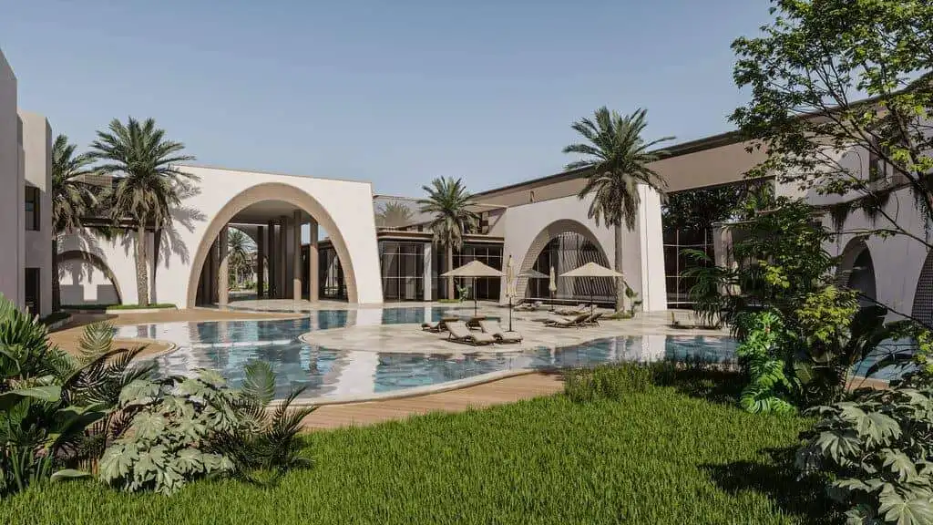 Luxury villa with pool, palm trees, and modern architecture in a tropical location.