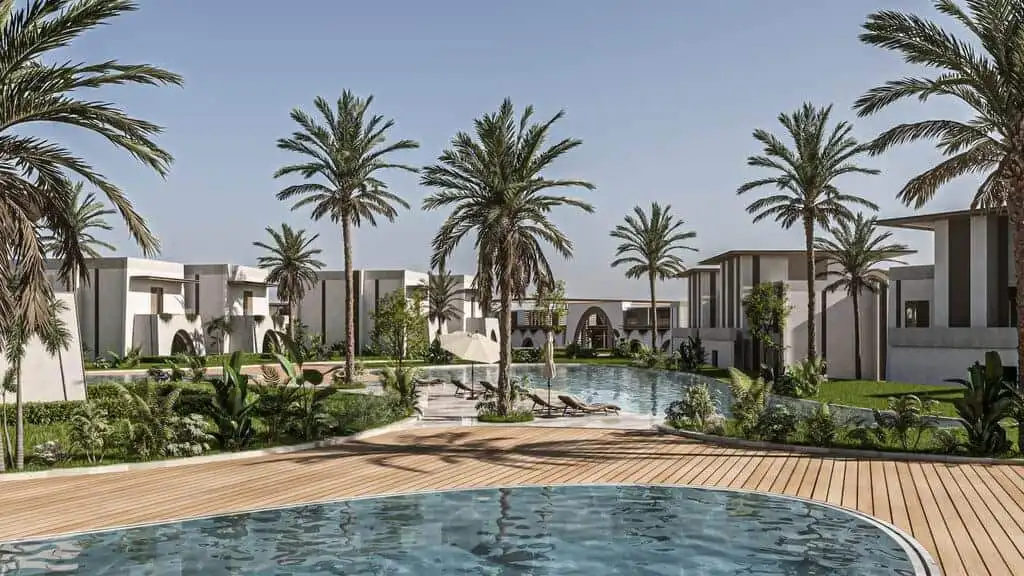 Modern luxury villa with swimming pool and lush palm trees in a tropical setting.