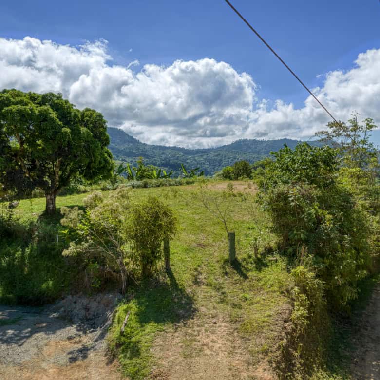 Rural landscape with trees, green hills, and a dirt path under a partly cloudy sky.