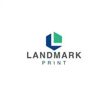 Landmark Print logo with geometric design in blue and green.