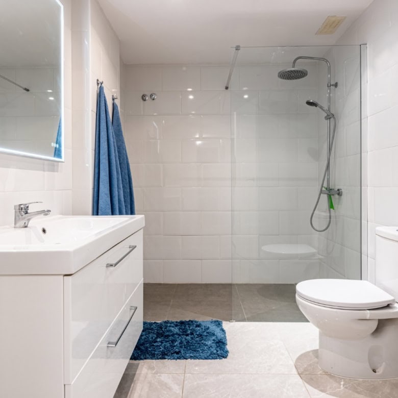Modern bathroom with walk-in shower, white sink, and toilet in a contemporary setting.
