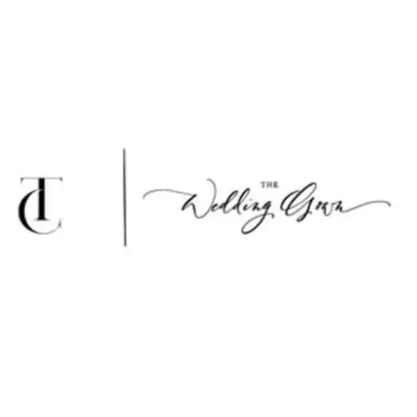 Elegant wedding gown logo with stylish script font and monogram design.