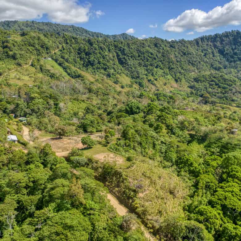 Mountainous lush green landscape with scattered houses and winding paths.