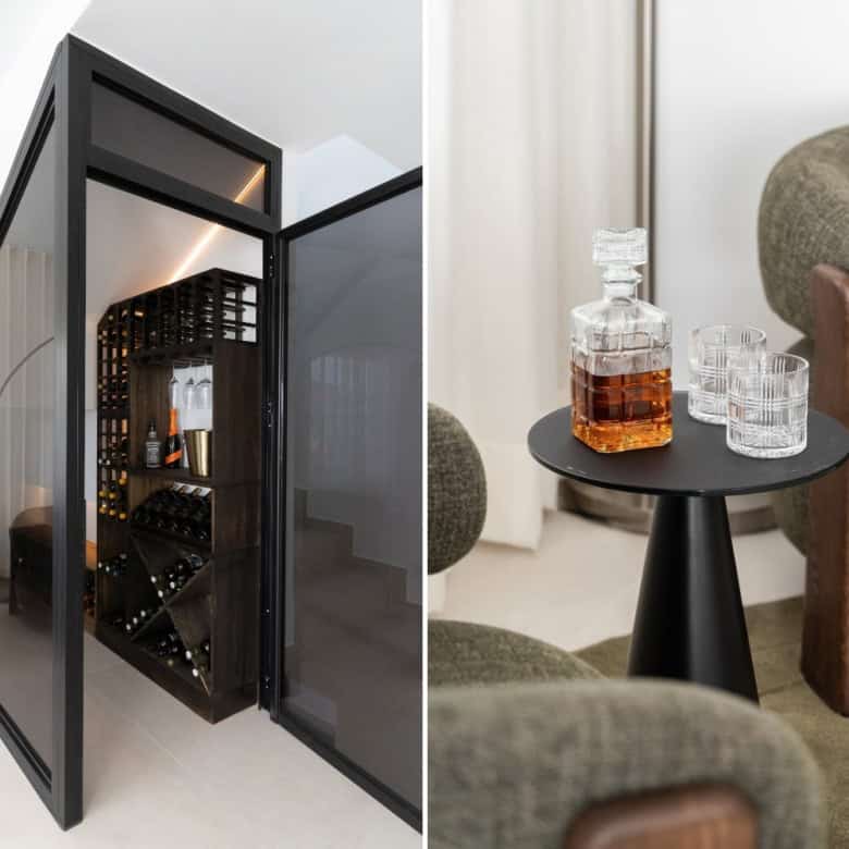 Luxurious duplex penthouse with stylish living area and wine storage.