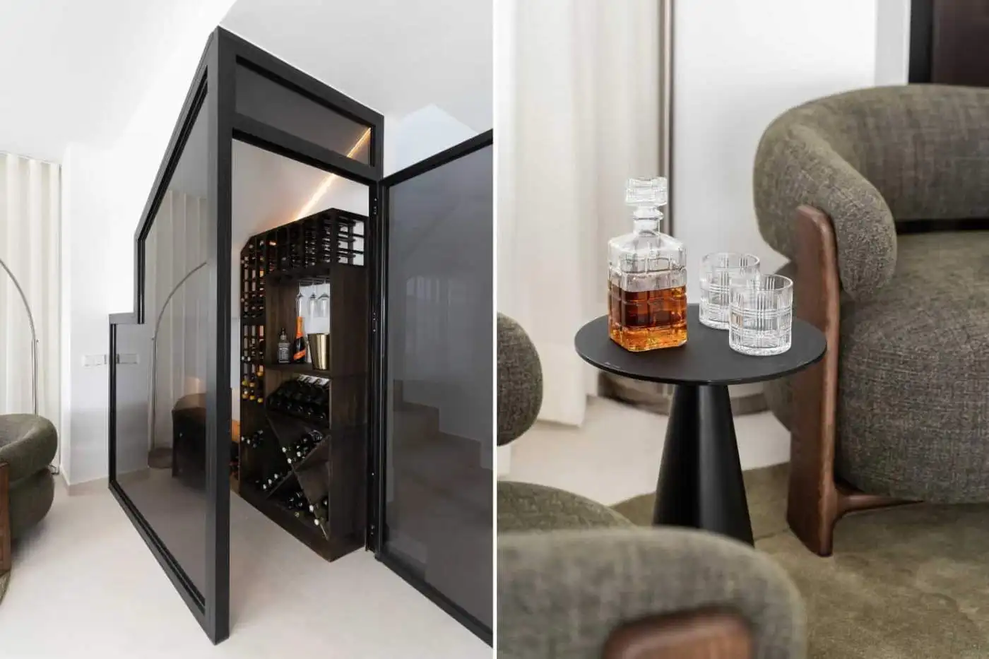 Luxurious duplex penthouse with stylish living area and wine storage.