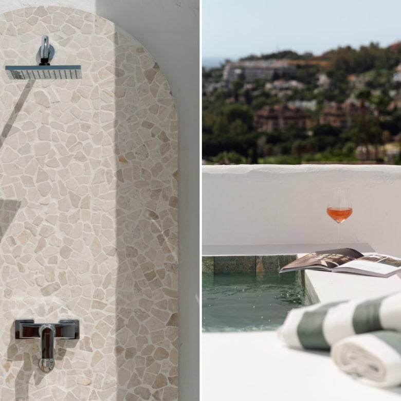 Elegant outdoor shower and relaxing pool area with towels and drinks.