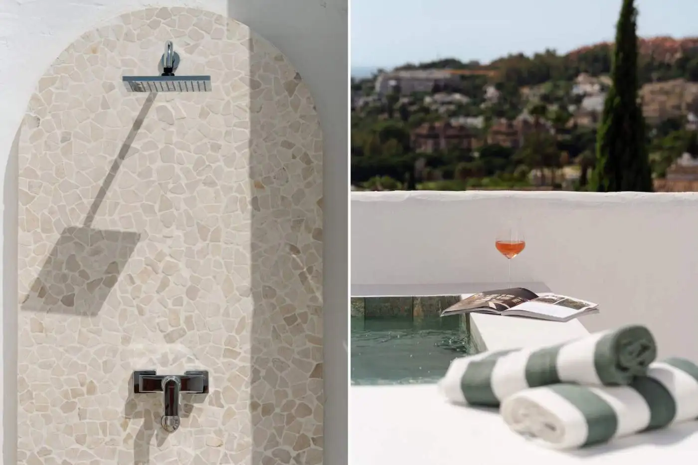 Elegant outdoor shower and relaxing pool area with towels and drinks.