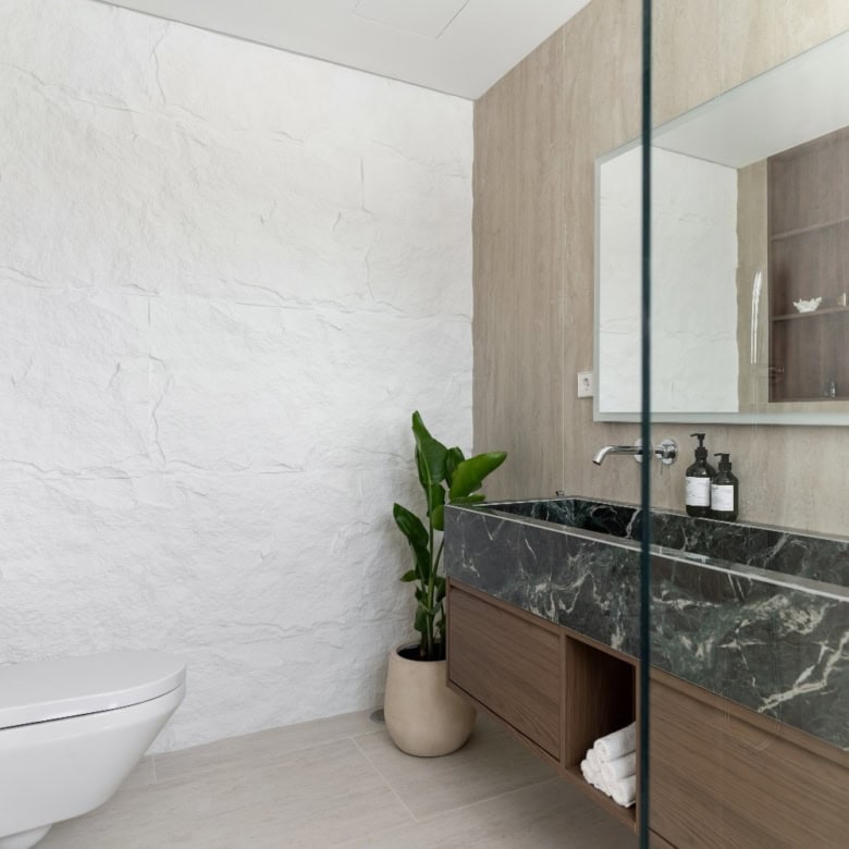 Modern bathroom with minimalist decor, white walls, and a green plant for a fresh look.