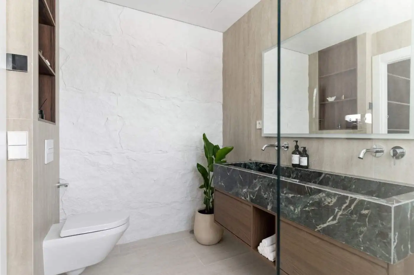Modern bathroom with minimalist decor, white walls, and a green plant for a fresh look.