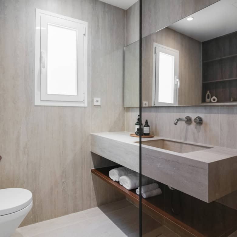 Luxurious duplex penthouse bathroom with contemporary design in La Quinta Village. Bright, spacious,.