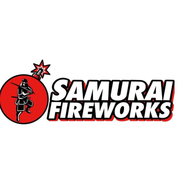 Samurai Fireworks logo with a ninja holding a firework in a red circle.