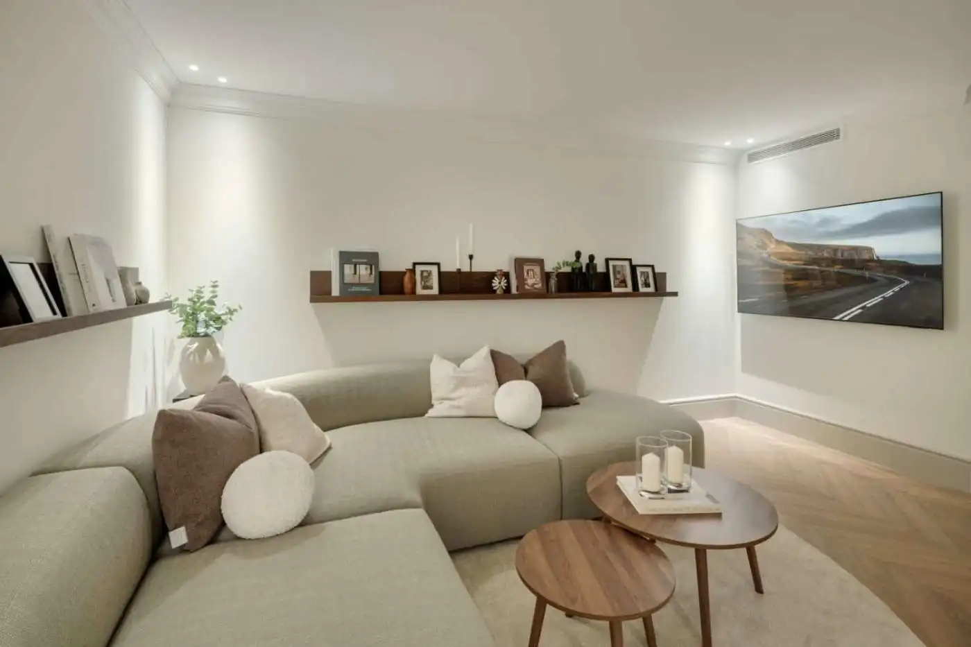 Luxury contemporary villa living room with modern decor and cozy seating in La Zagaleta.