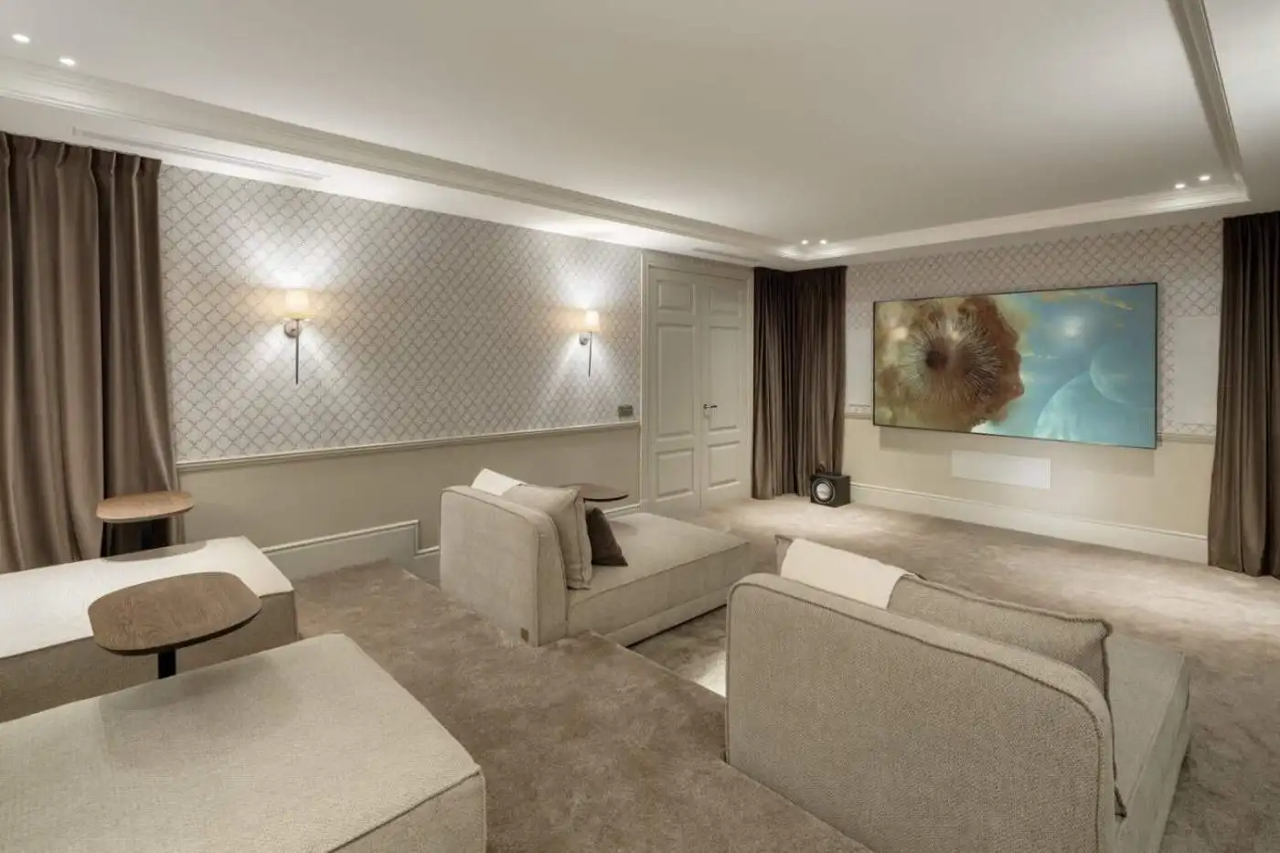 Modern living room with elegant decor and ambient lighting in La Zagaleta villa.