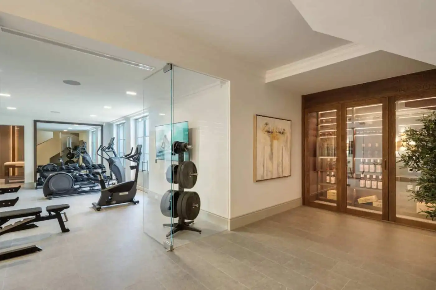 Modern gym with fitness equipment at Villa Liora in La Zagaleta.