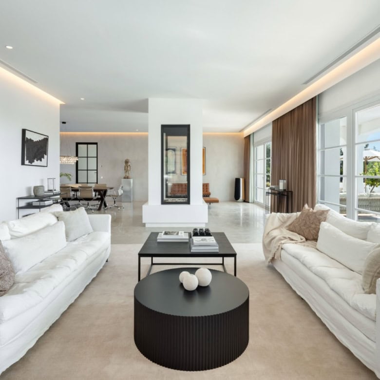 Elegant living room with panoramic views in Marbella Club Golf Resort.
