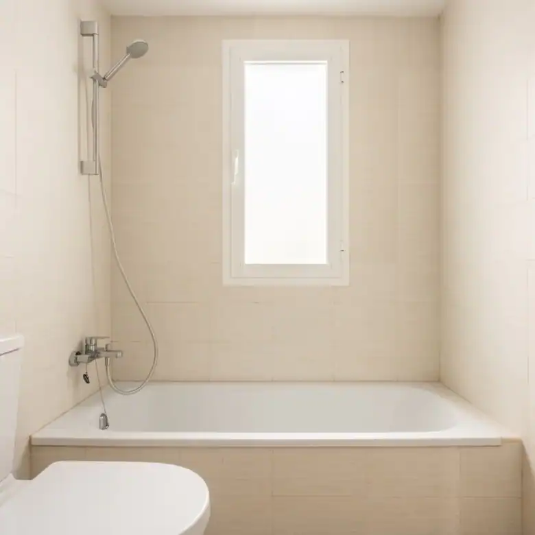 Bathroom with bathtub and shower in Puerto Banus townhouse, featuring neutral tiles and a frosted wi.