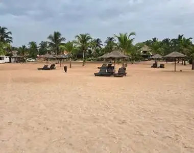 Beach with palm trees, sun loungers, and thatched umbrellas in Ngaparou Saly.