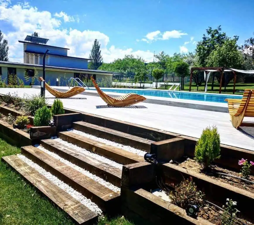 Luxury Finca Vivaldi Hotel Pool in Leon Spain Luxury Finca Vivaldi Hotel Pool with sun loungers in Leon, Spain.