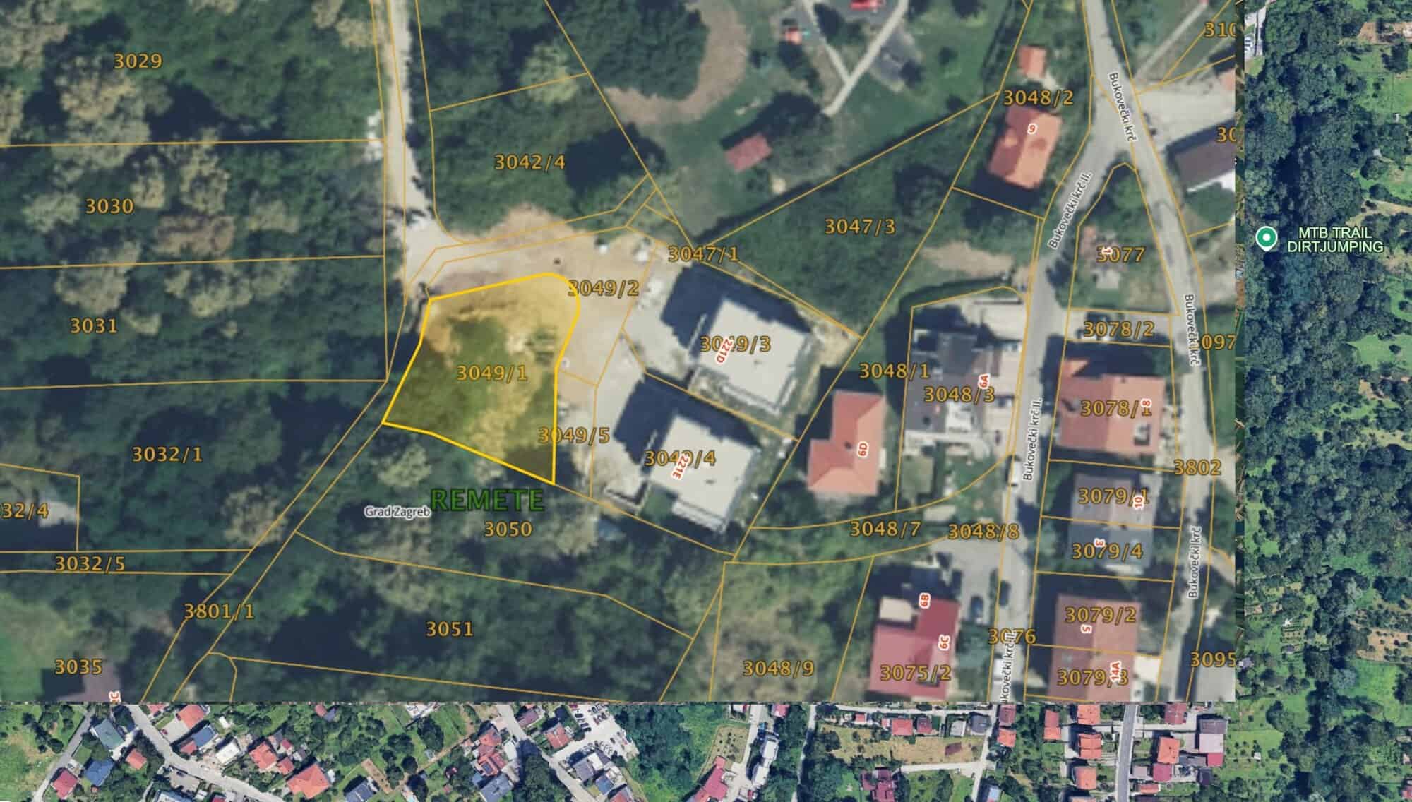 Aerial view of a development land plot for sale in Zagreb, Croatia, surrounded by greenery and resid.