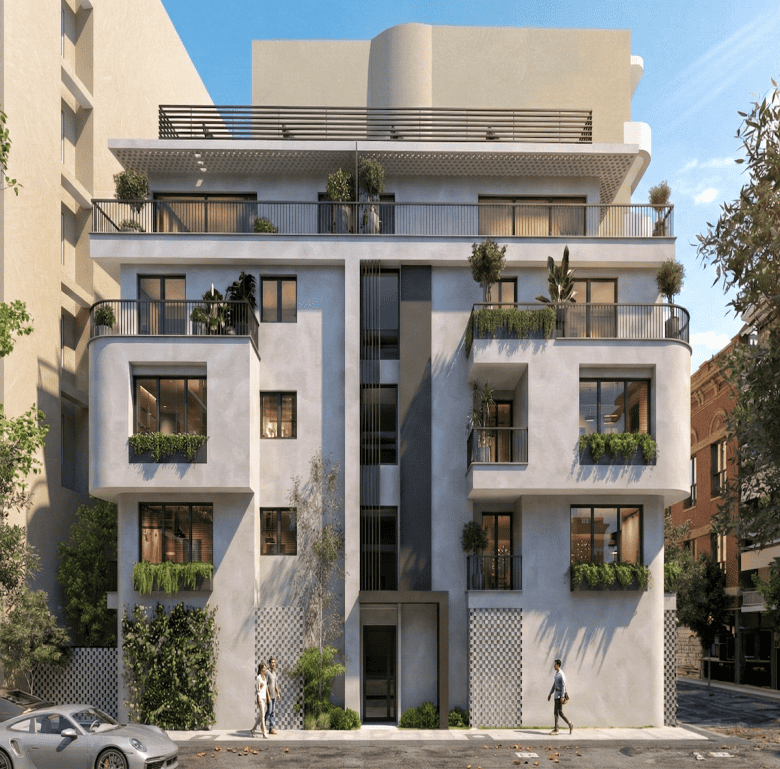 Modern apartment building in Pagkrati, Athens, Greece with stylish balconies and lush greenery.
