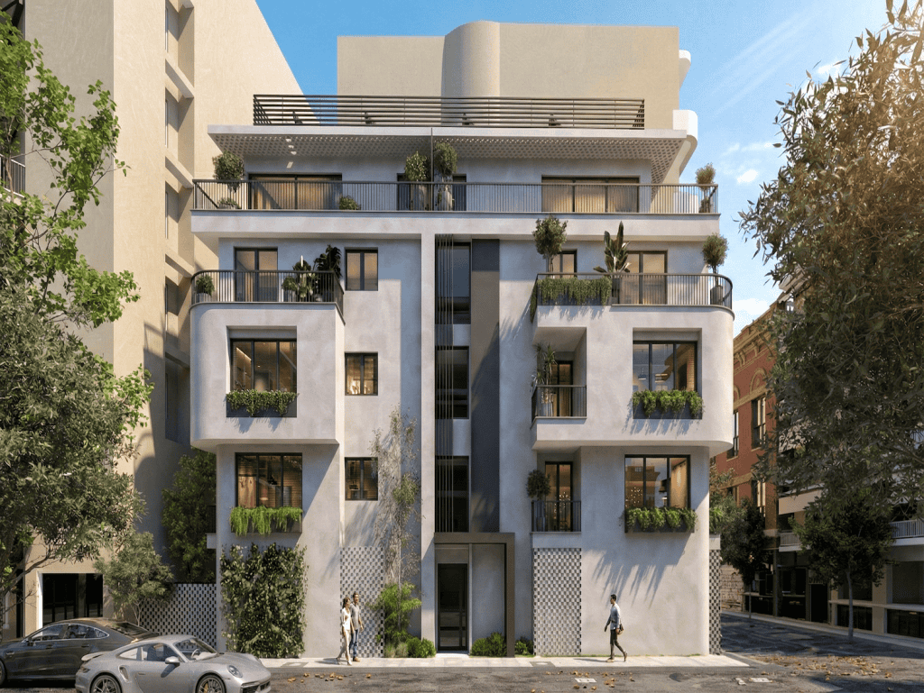 Modern apartment building in Pagkrati, Athens, Greece with stylish balconies and lush greenery.