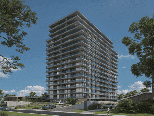 High-rise apartment building in Punta del Este, Uruguay, featuring modern architecture and scenic vi.