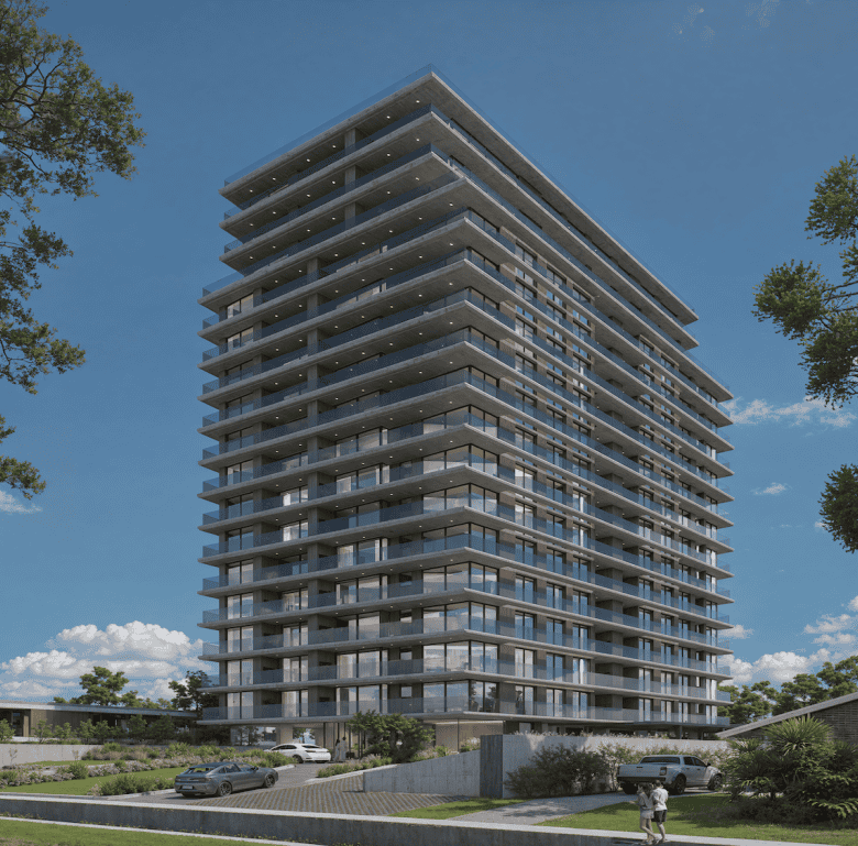 High-rise apartment building in Punta del Este, Uruguay, featuring modern architecture and scenic vi.
