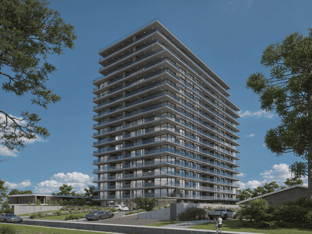 Modern Punta del Este high-rise residential building with spacious balconies. High-rise apartment building in Punta del Este, Uruguay, featuring modern architecture and scenic vi.