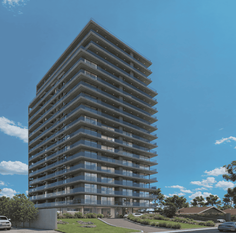 Contemporary high-rise apartment in Punta del Este, Uruguay with spacious balconies.