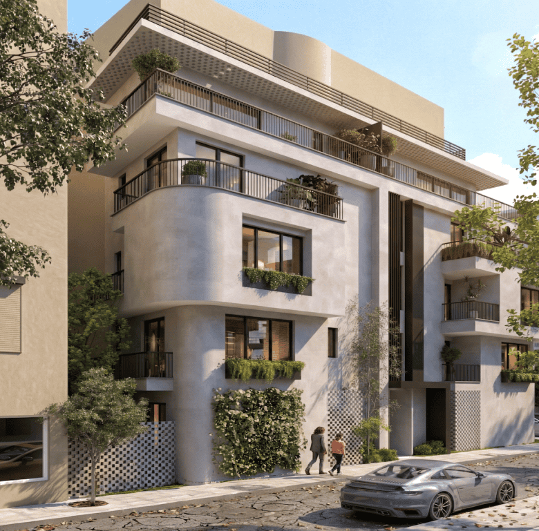 Contemporary apartment in Pagkrati, Athens, Greece, featuring stylish balconies and lush plants.