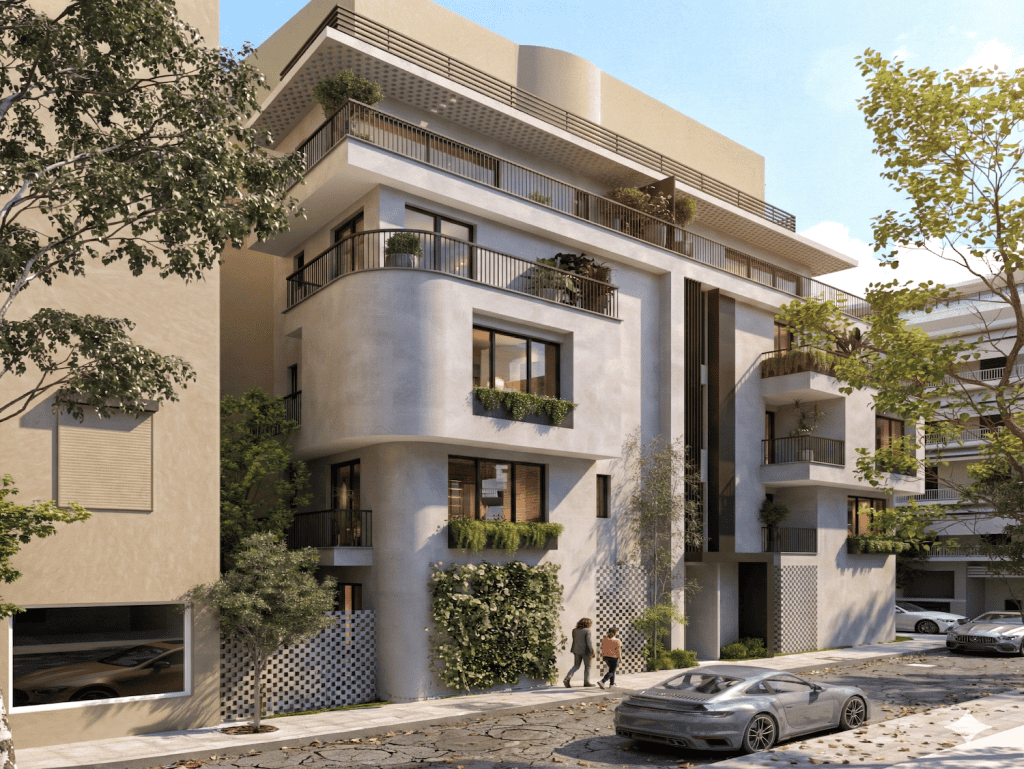 Contemporary apartment in Pagkrati, Athens, Greece, featuring stylish balconies and lush plants.