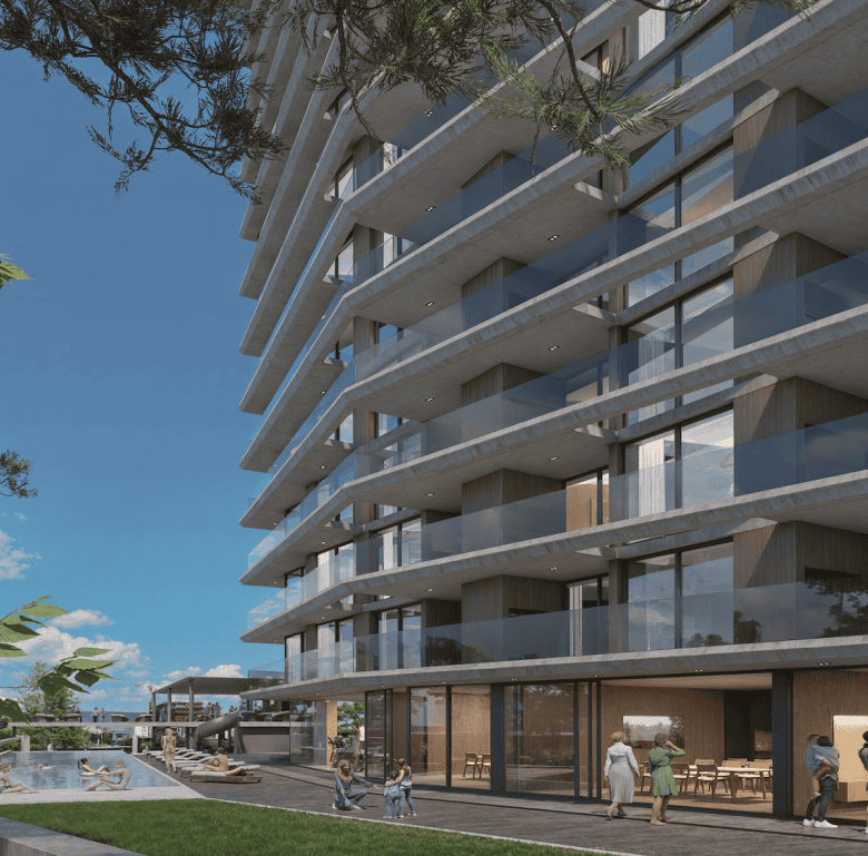 Modern Punta del Este residential building with pool and outdoor amenities.
