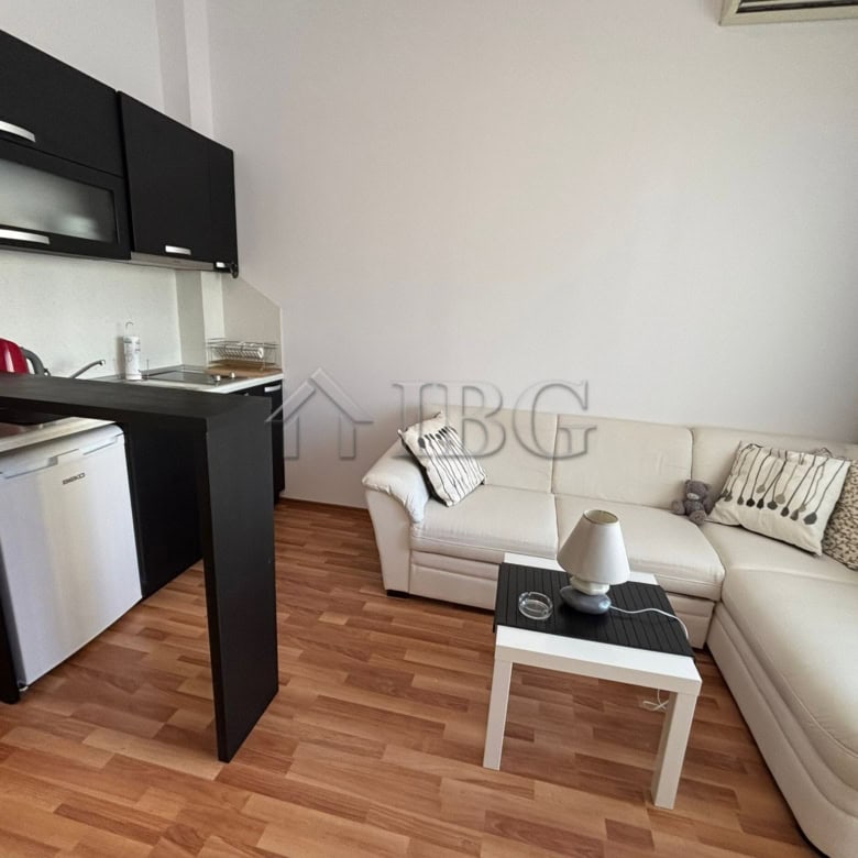 Furnished studio with balcony in Diamant Residence, Sunny Beach, Bulgaria, featuring a cozy living a.