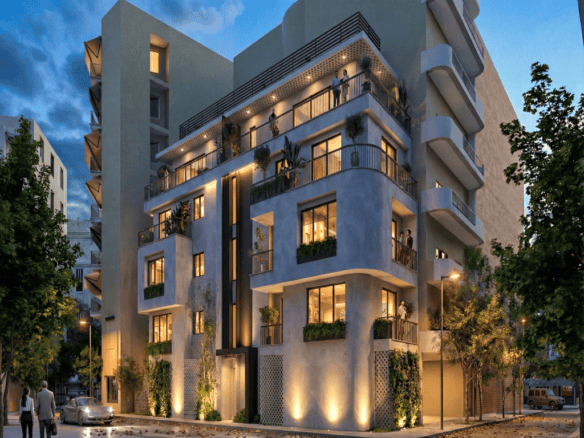 Contemporary residential complex with balconies, greenery, and stylish lighting in Pagkrati, Athens.