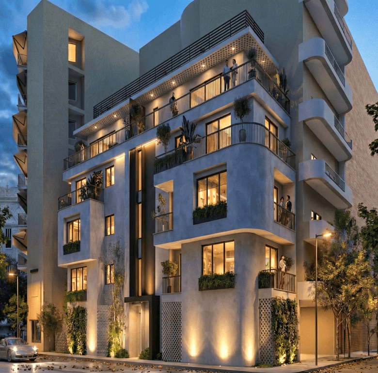 Contemporary residential complex with balconies, greenery, and stylish lighting in Pagkrati, Athens.